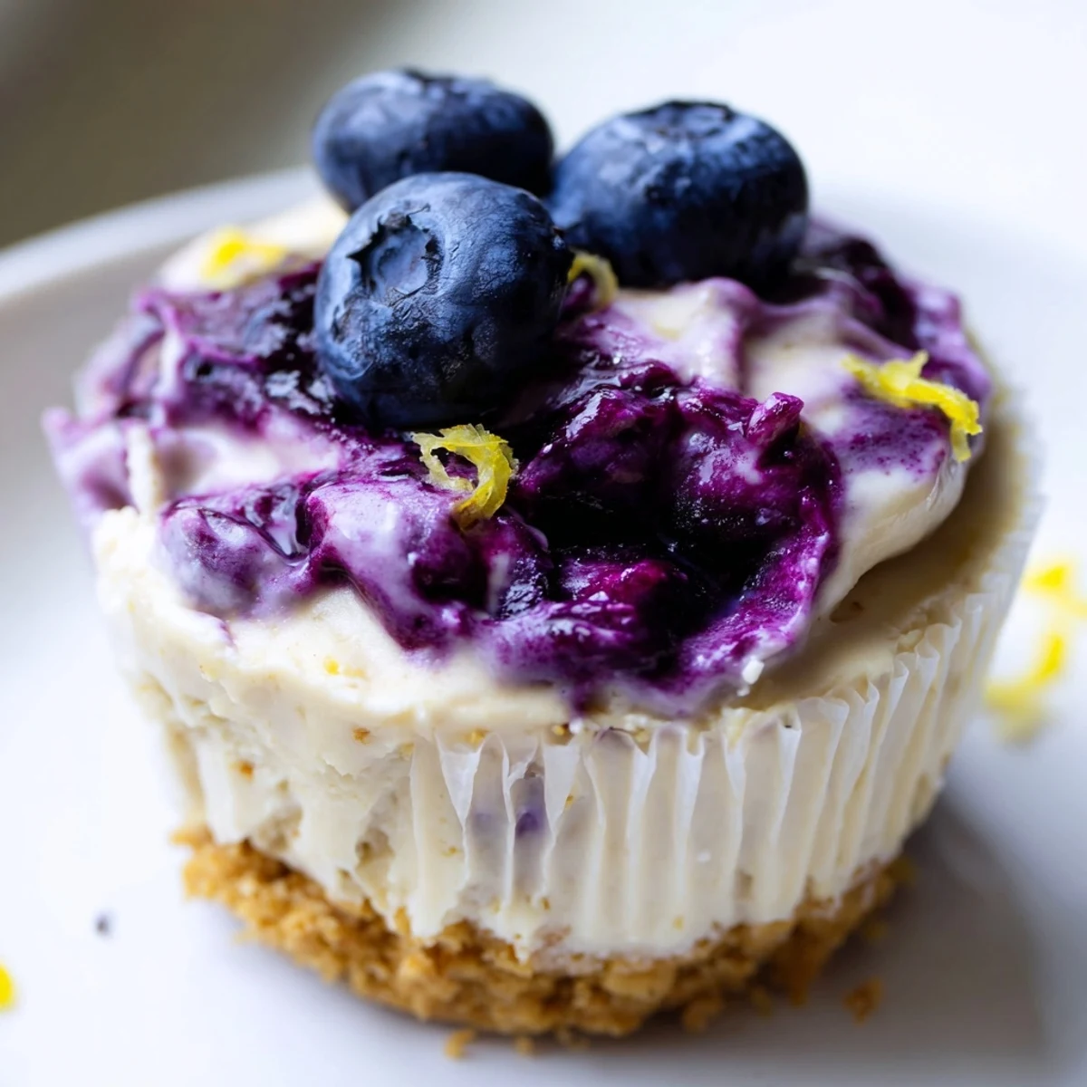 Creamy mini lemon blueberry cheesecakes topped with vibrant berry compote in muffin liners