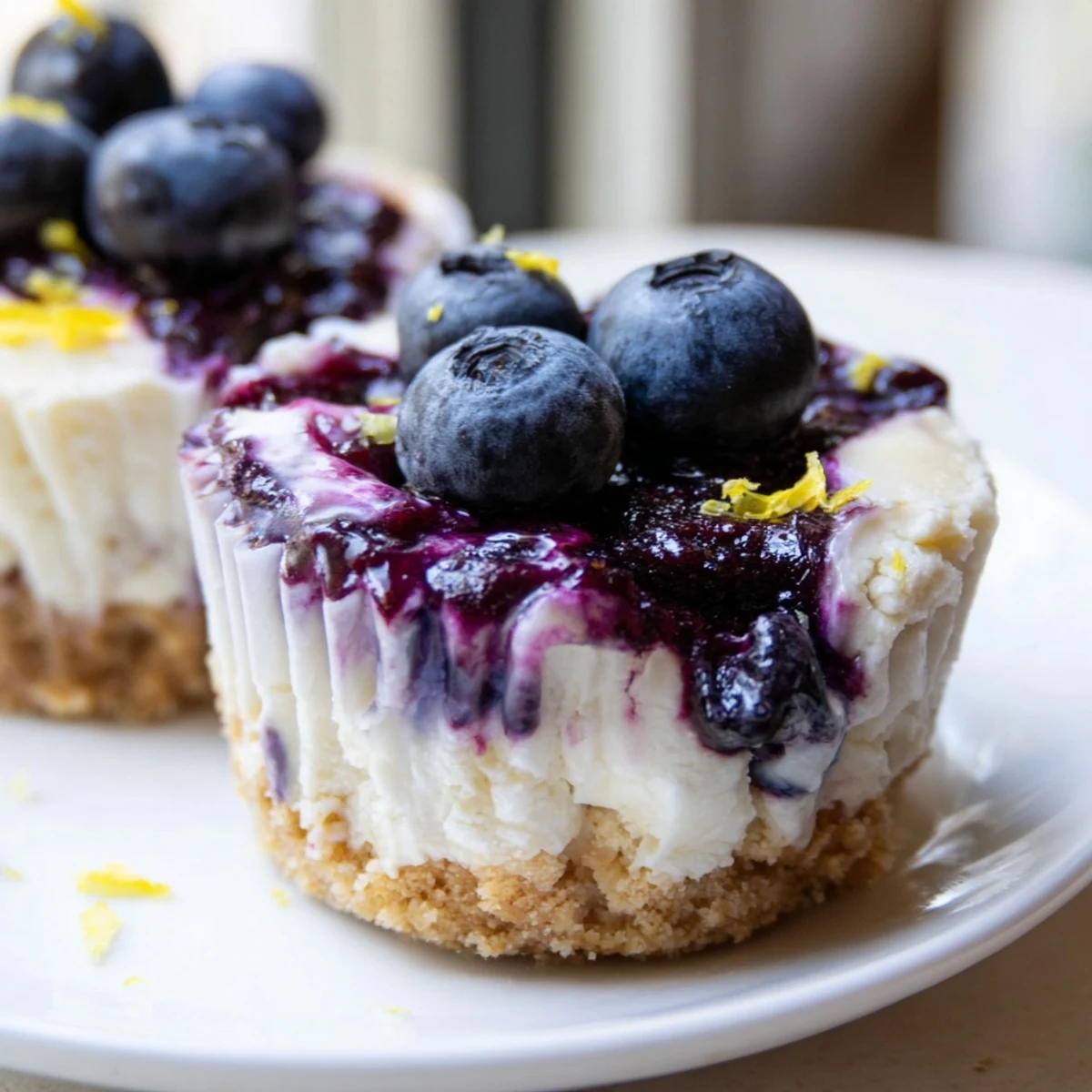 Golden graham cracker crusts cradle tangy mini lemon blueberry cheesecakes swirled with fruit