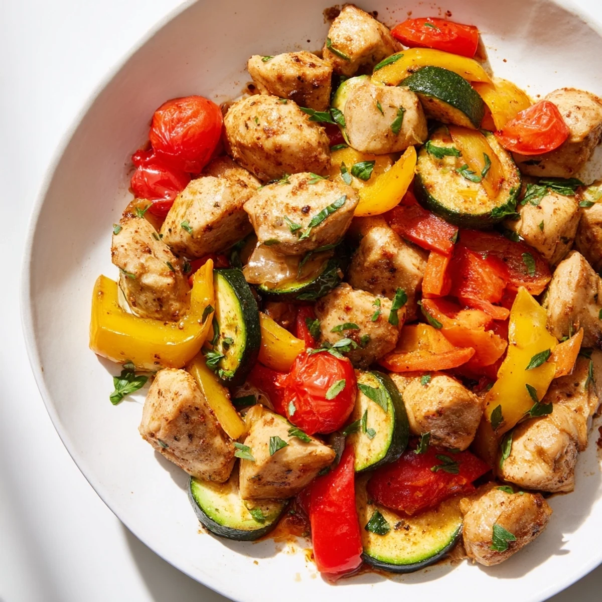 Golden brown chicken and colorful bell peppers in a quick flavorful one pan dish