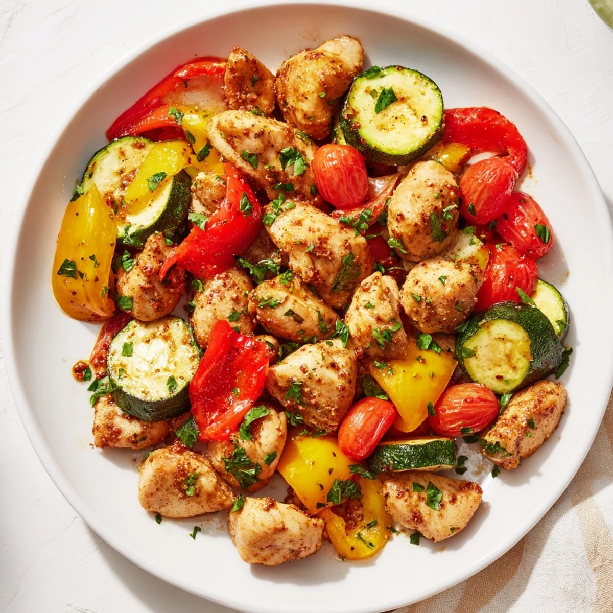 A steaming quick flavorful one pan dish with tender chicken, zucchini, and cherry tomatoes