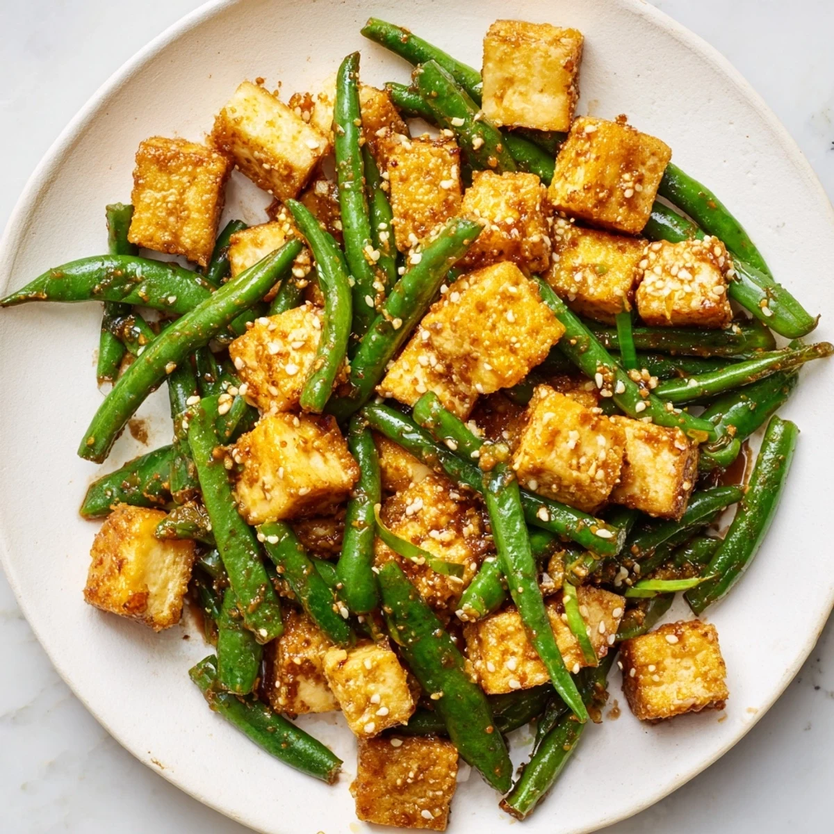 Golden crispy black pepper tofu served with tender green beans over jasmine rice
