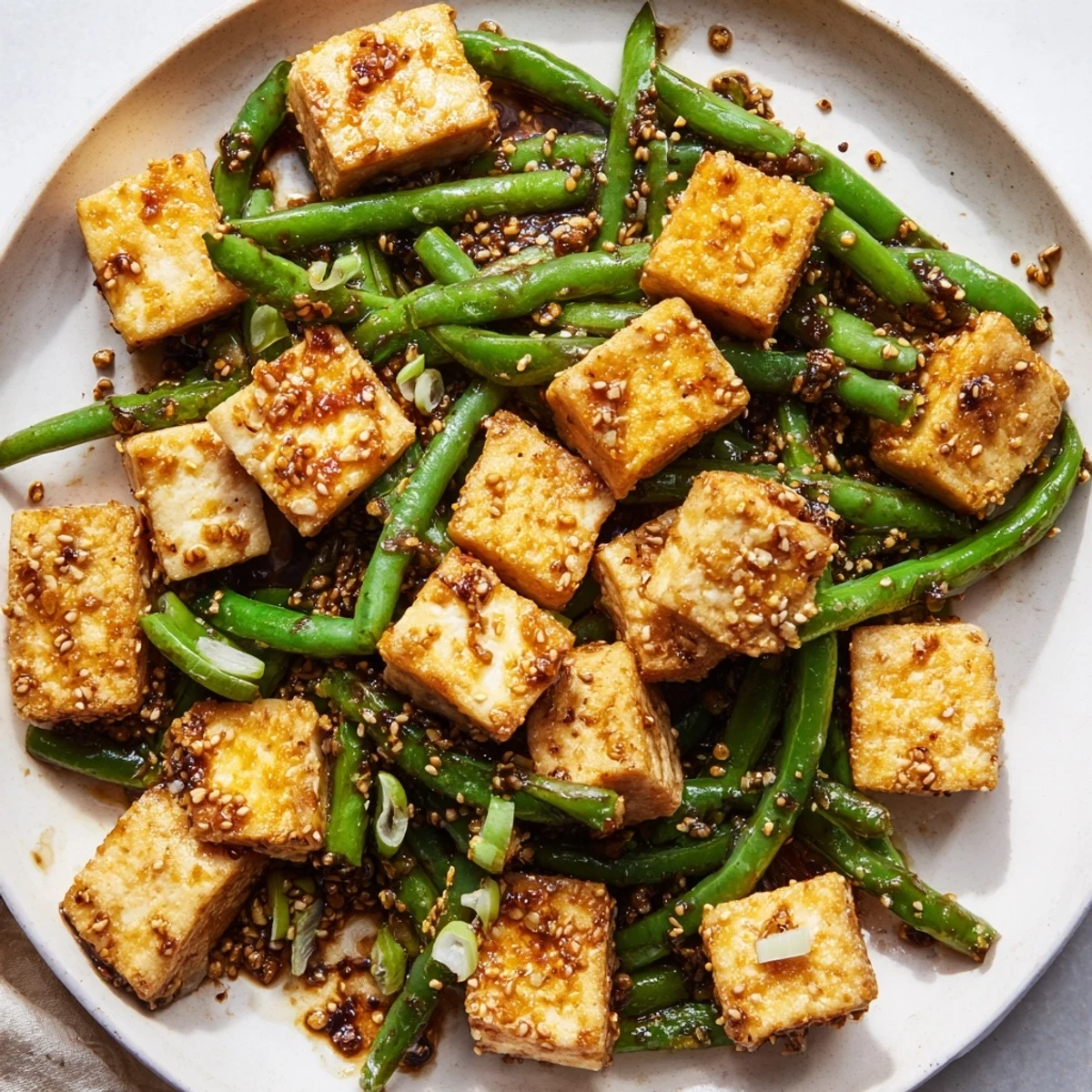 Vegan black pepper tofu and green beans tossed in a bold peppery glaze