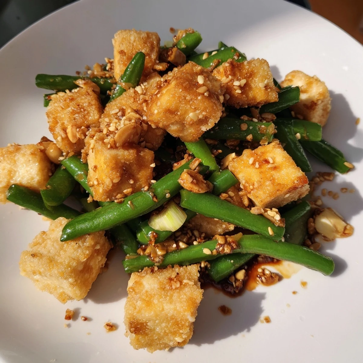 Wok-fried black pepper tofu with crisp green beans garnished with sesame seeds