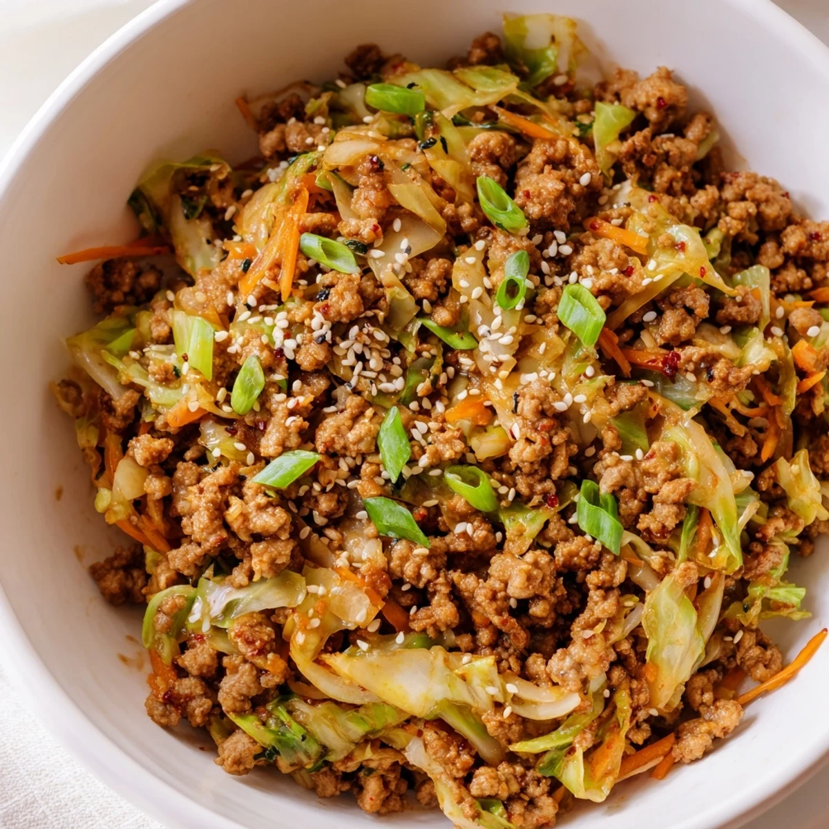 Sizzling skillet of keto egg roll in a bowl with tender cabbage and ground pork
