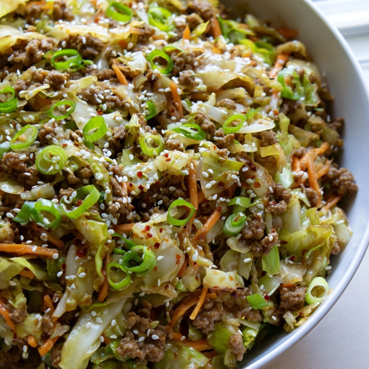 Steaming bowl of keto egg roll in a bowl topped with sesame seeds and green onions
