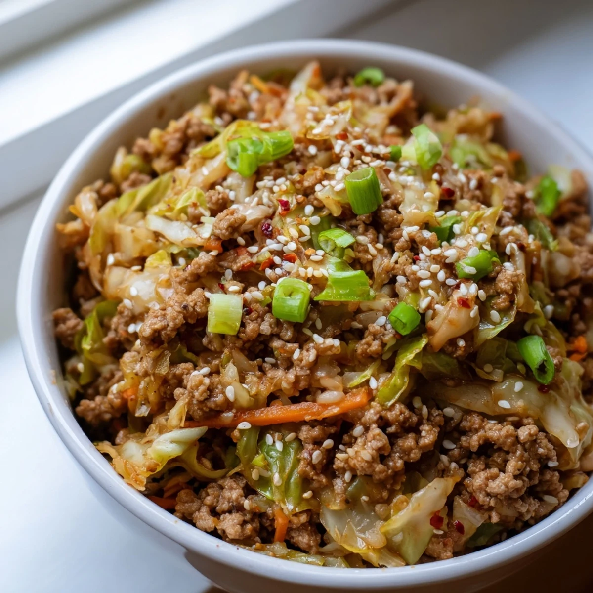 Hearty keto egg roll in a bowl plated with shredded carrots and savory pork crumbles