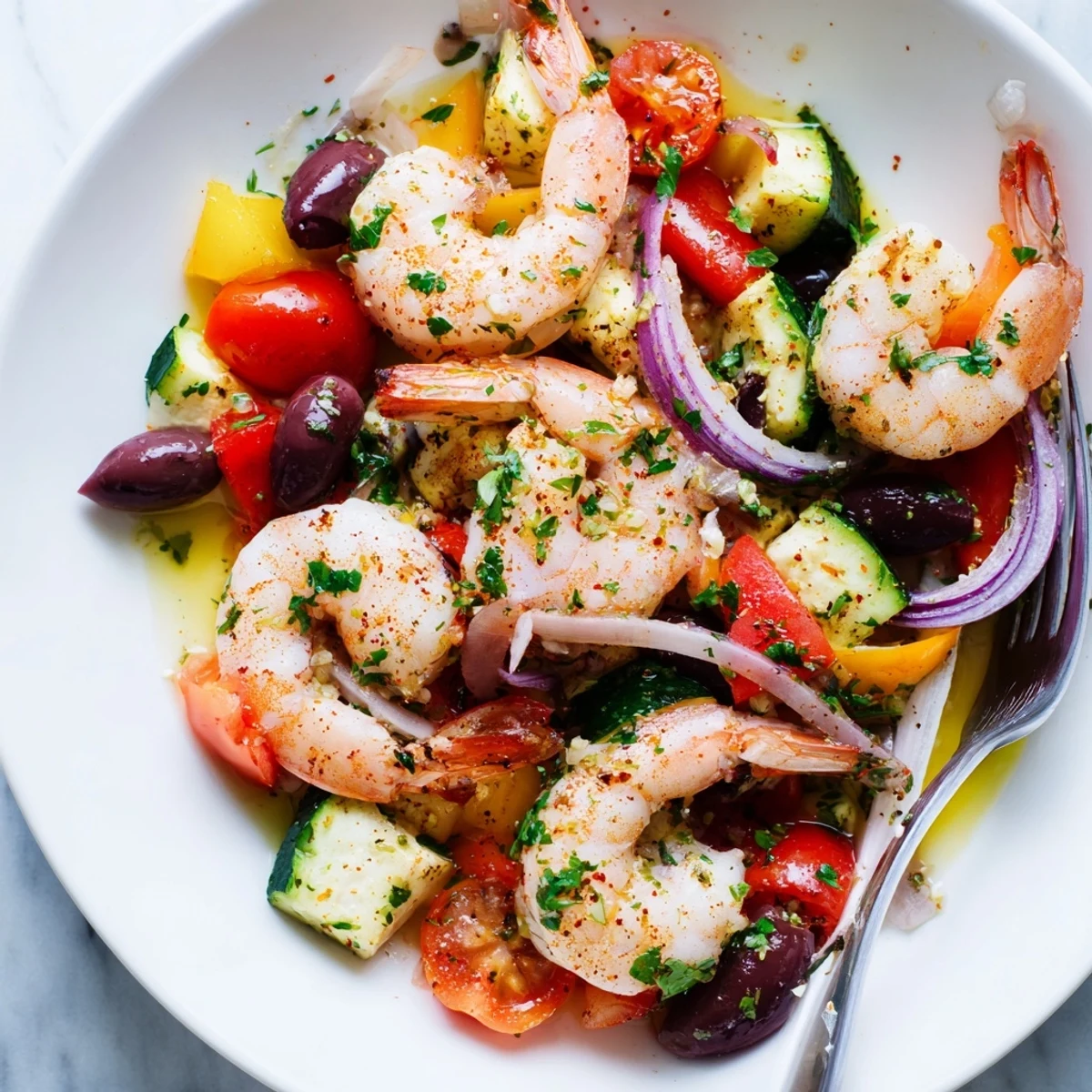 Sizzling Mediterranean Shrimp Skillet with juicy pink shrimp nestled among cherry tomatoes and Kalamata olives