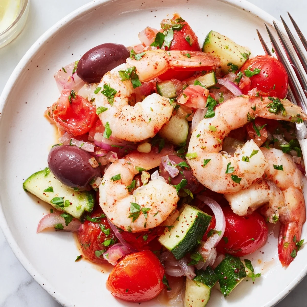 Steaming one-pan Mediterranean Shrimp Skillet featuring tender shrimp over a rich tomato and olive sauce