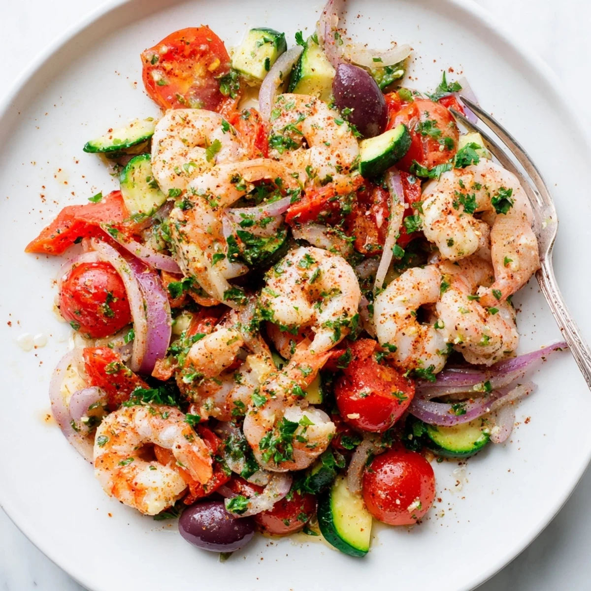Golden pan-seared shrimp in a vibrant Mediterranean Shrimp Skillet garnished with fresh parsley and lemon wedges