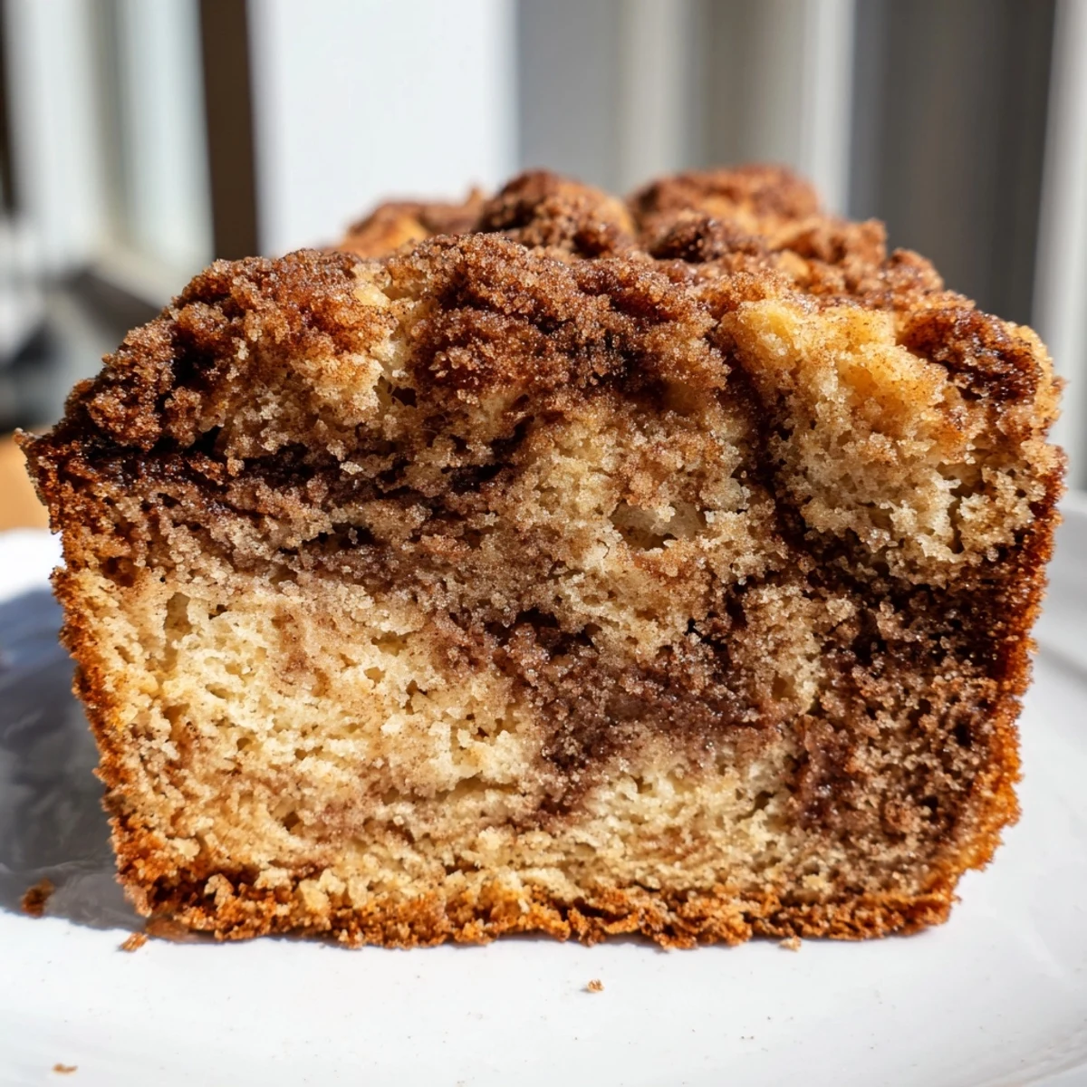 Golden snickerdoodle banana bread sliced on a rustic board with cinnamon-sugar swirl