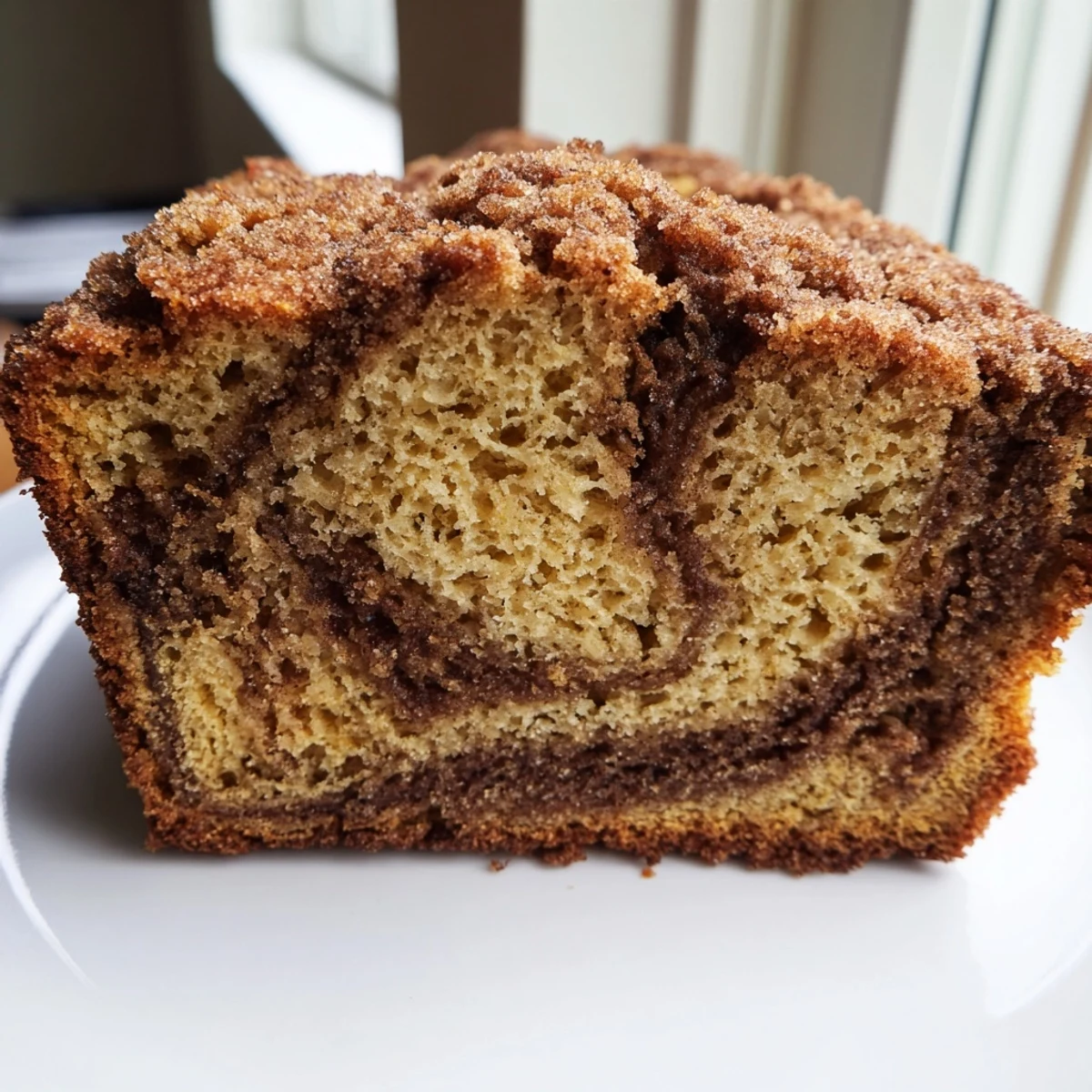 Warm snickerdoodle banana bread loaf topped with a crackled cinnamon sugar crust