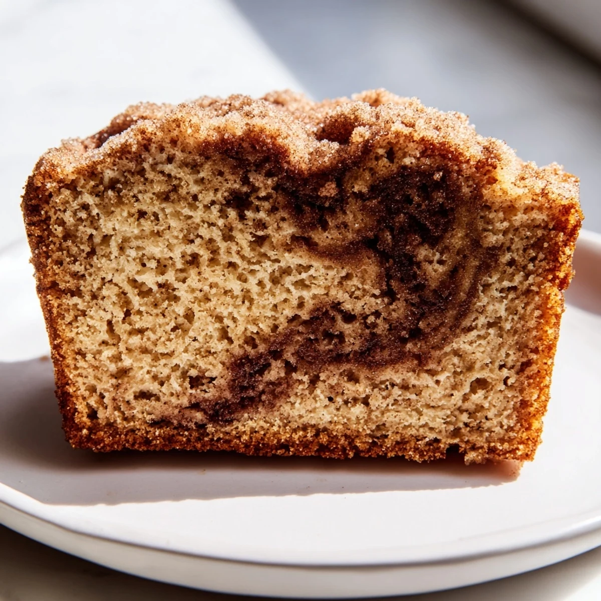 Thick slice of snickerdoodle banana bread revealing a marbled cinnamon-sugar center