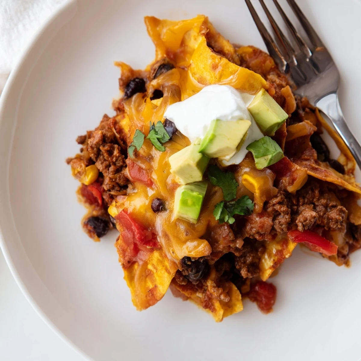 Weeknight Beef Skillet Enchiladas served hot with avocado, sour cream, green onions