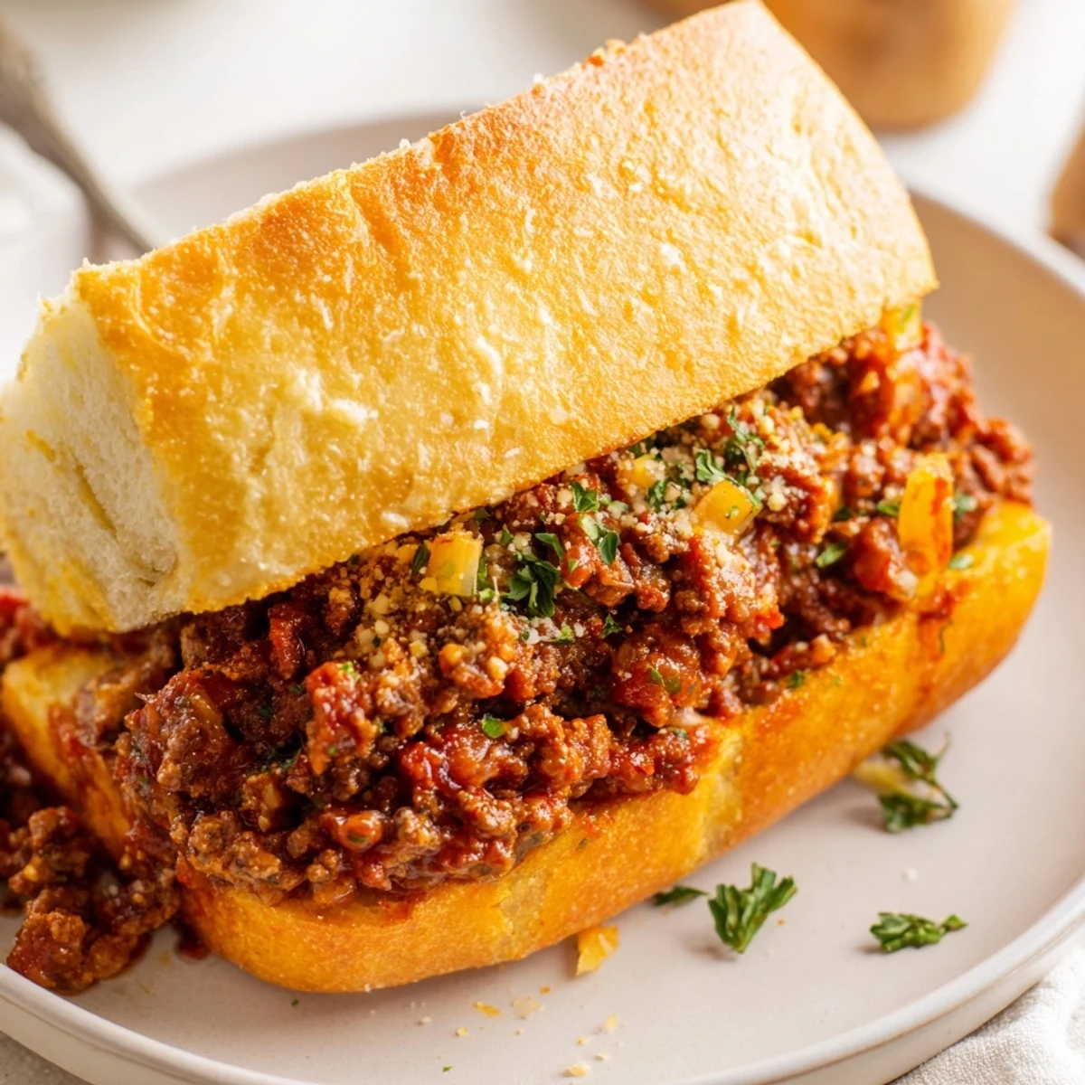 Toasted Garlic Bread Sloppy Joes topped with melted mozzarella, served with coleslaw