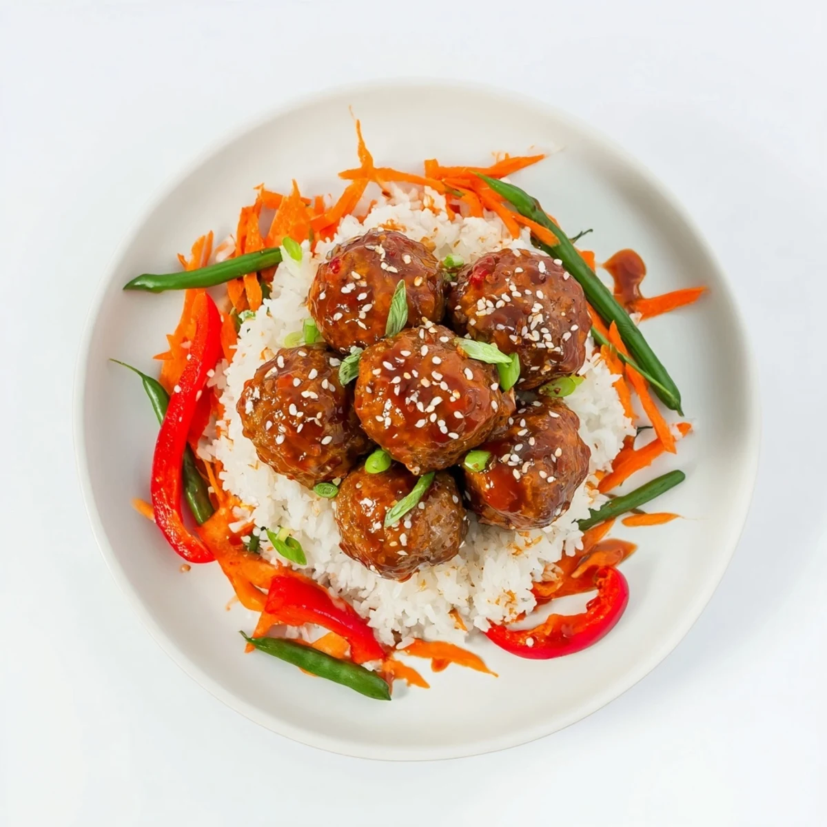 Hello Fresh Firecracker Meatballs glazed in glossy spicy-sweet sauce over jasmine rice
