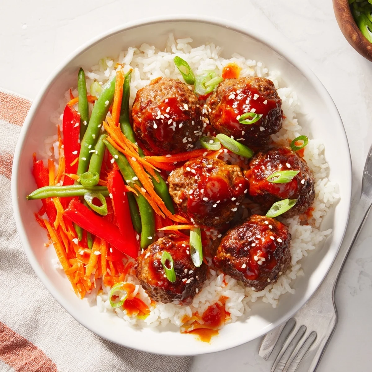 Baked Hello Fresh Firecracker Meatballs resting beside crisp sautéed peppers and a cold lager