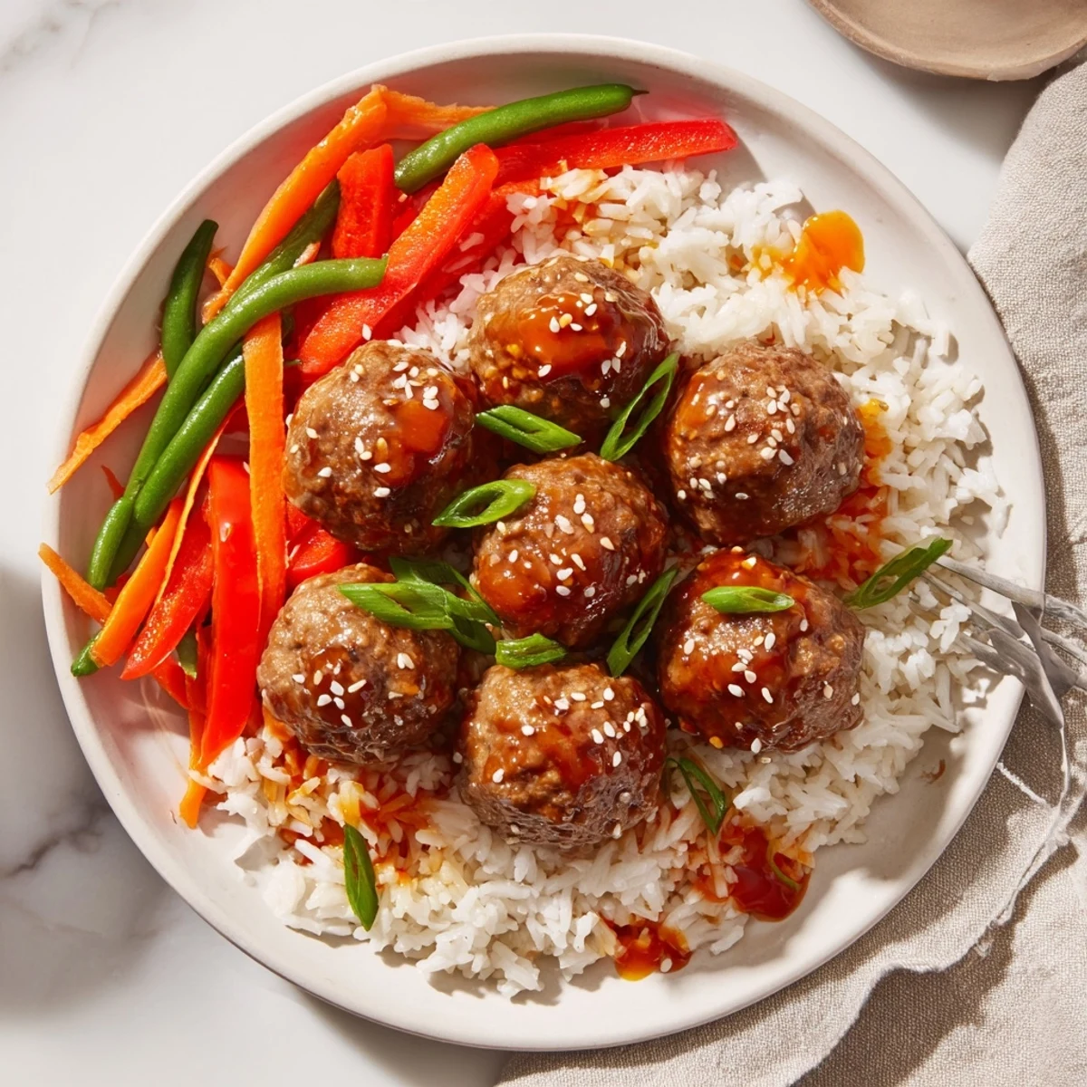 Tossed Hello Fresh Firecracker Meatballs with crisp sautéed vegetables and sesame seeds