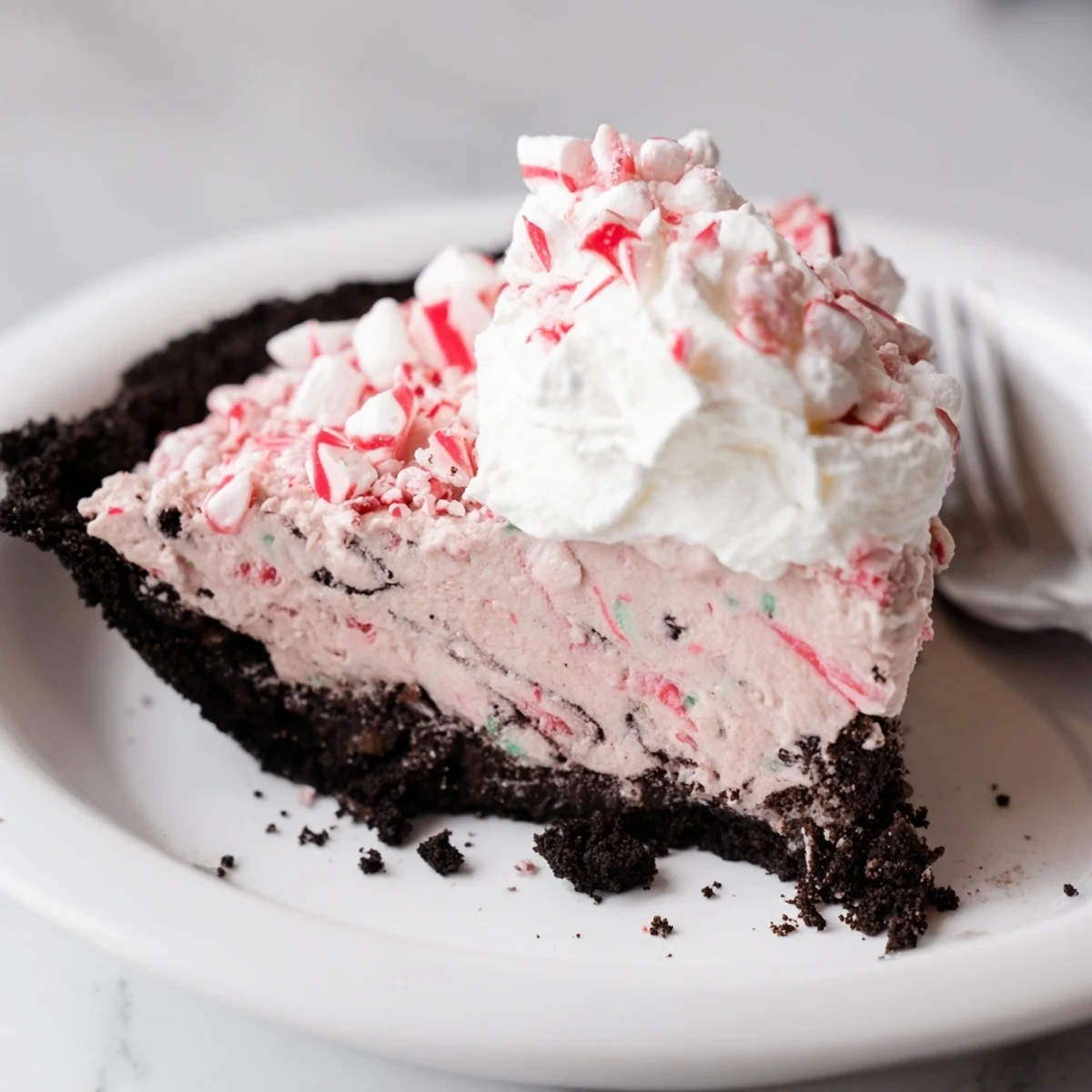 Chilled Candy Cane Pie showing pink peppermint swirl, marshmallows, crunchy cookie crust