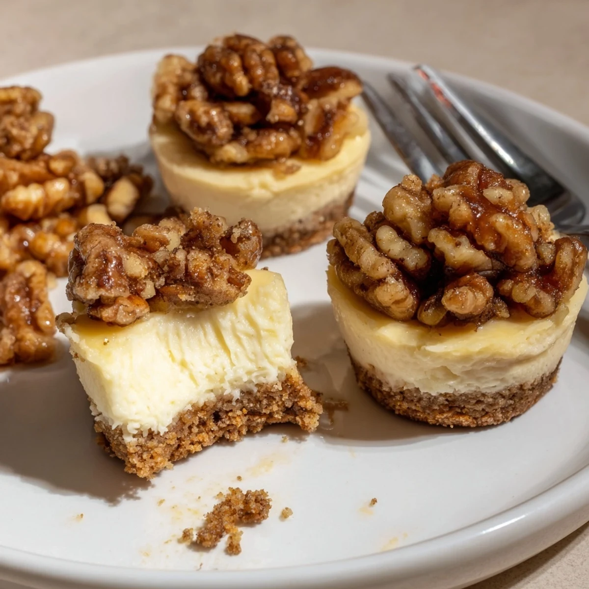 Mini Pecan Pie Cheesecakes with glossy pecan topping, buttery graham crust visible