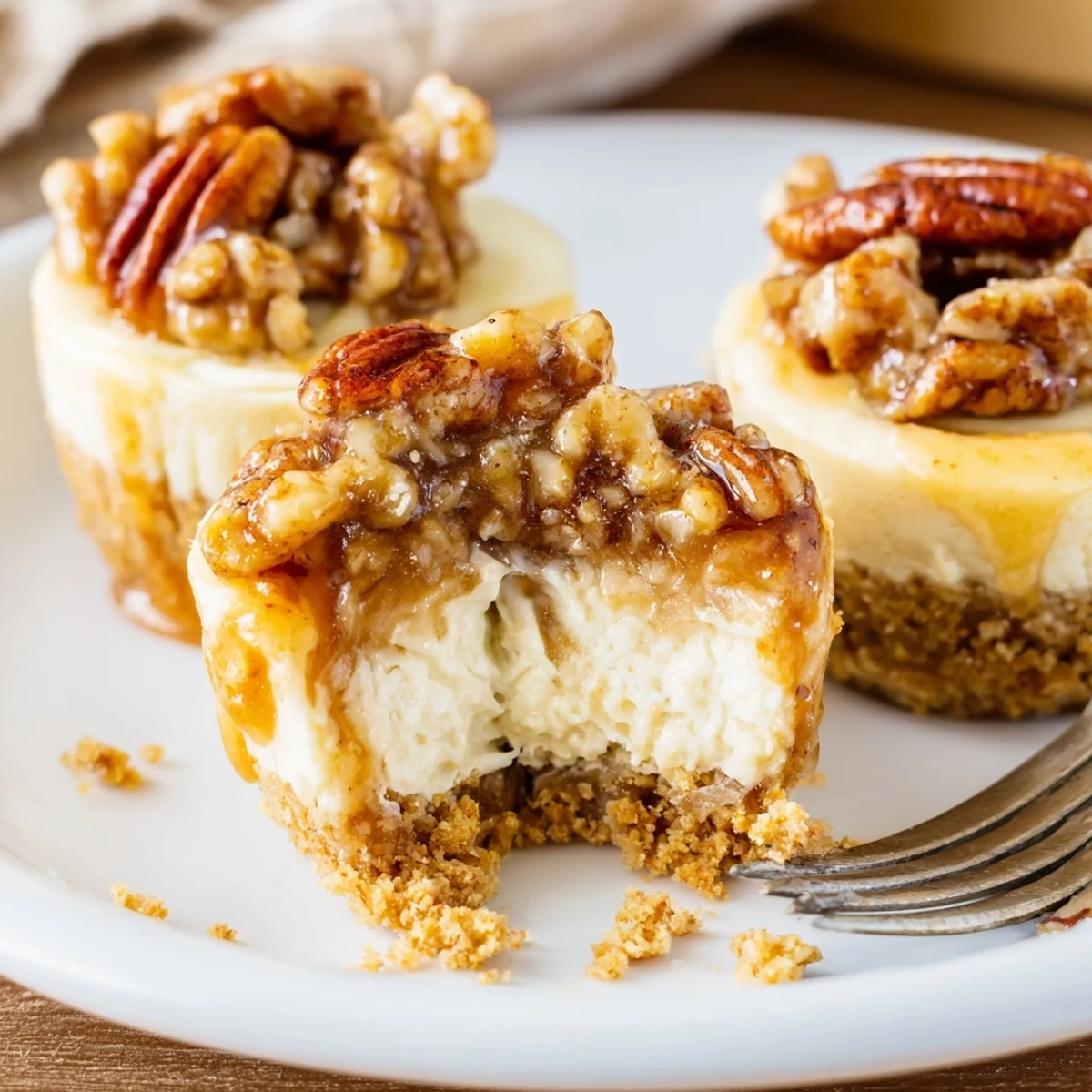 A dozen Mini Pecan Pie Cheesecakes chilled, creamy centers and crunchy pecan crowns