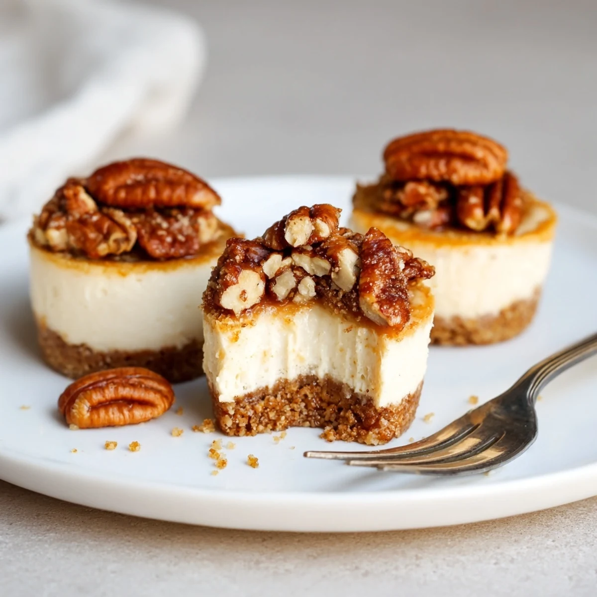 Mini Pecan Pie Cheesecakes served with whipped cream and warm caramel drizzle