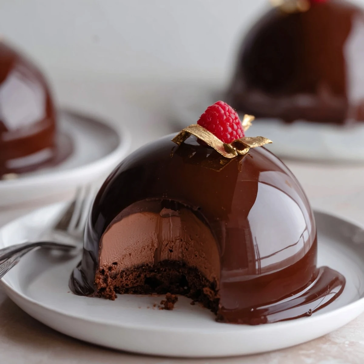 Elegant Chocolate Mascarpone Dome Dessert With Glossy Shells glistening, plated with berries
