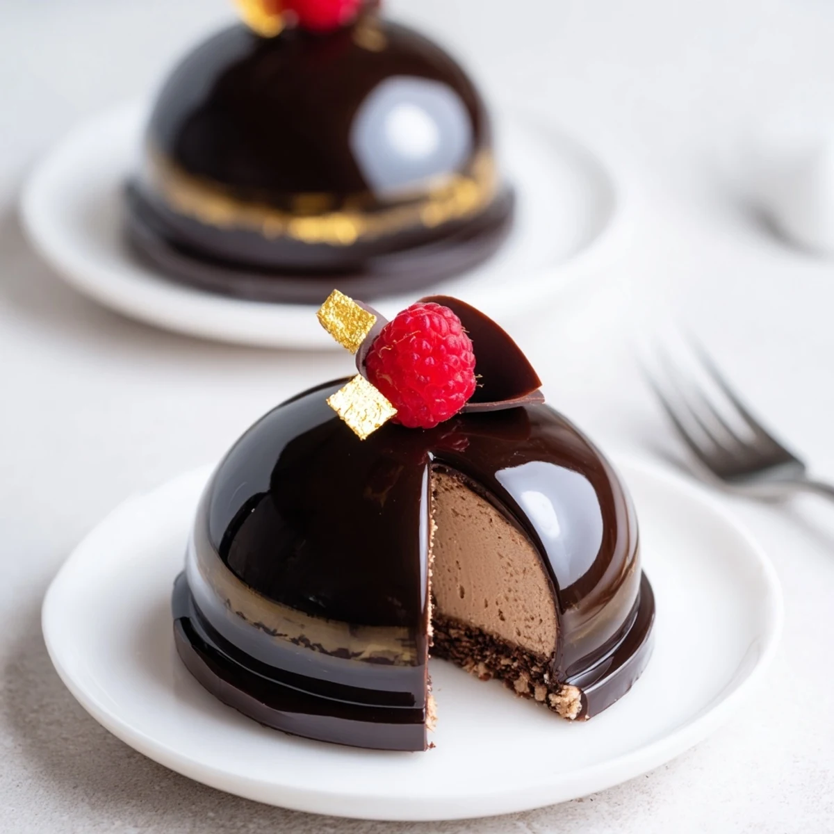 Warm kitchen light on Elegant Chocolate Mascarpone Dome Dessert With Glossy Shells