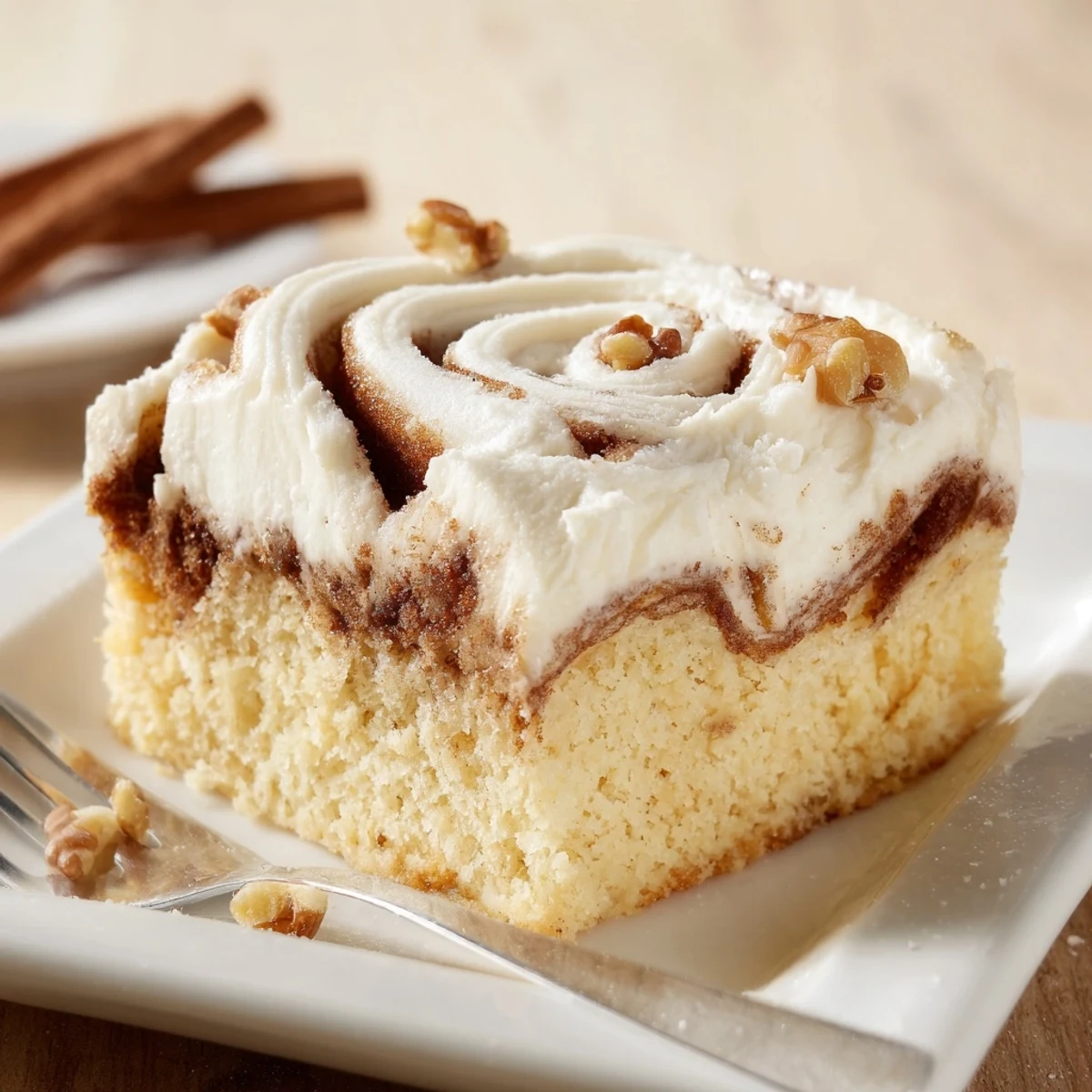 Cinnamon Roll Poke Cake drizzled with gooey cinnamon filling and cream cheese frosting
