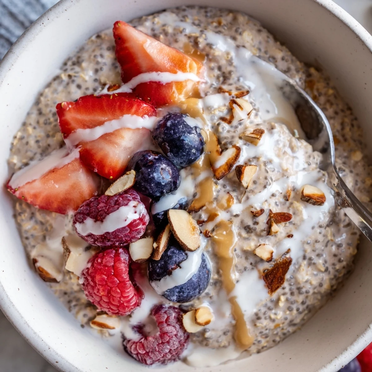 Healthy Coconut Cream Overnight Oats topped with berries and toasted coconut flakes