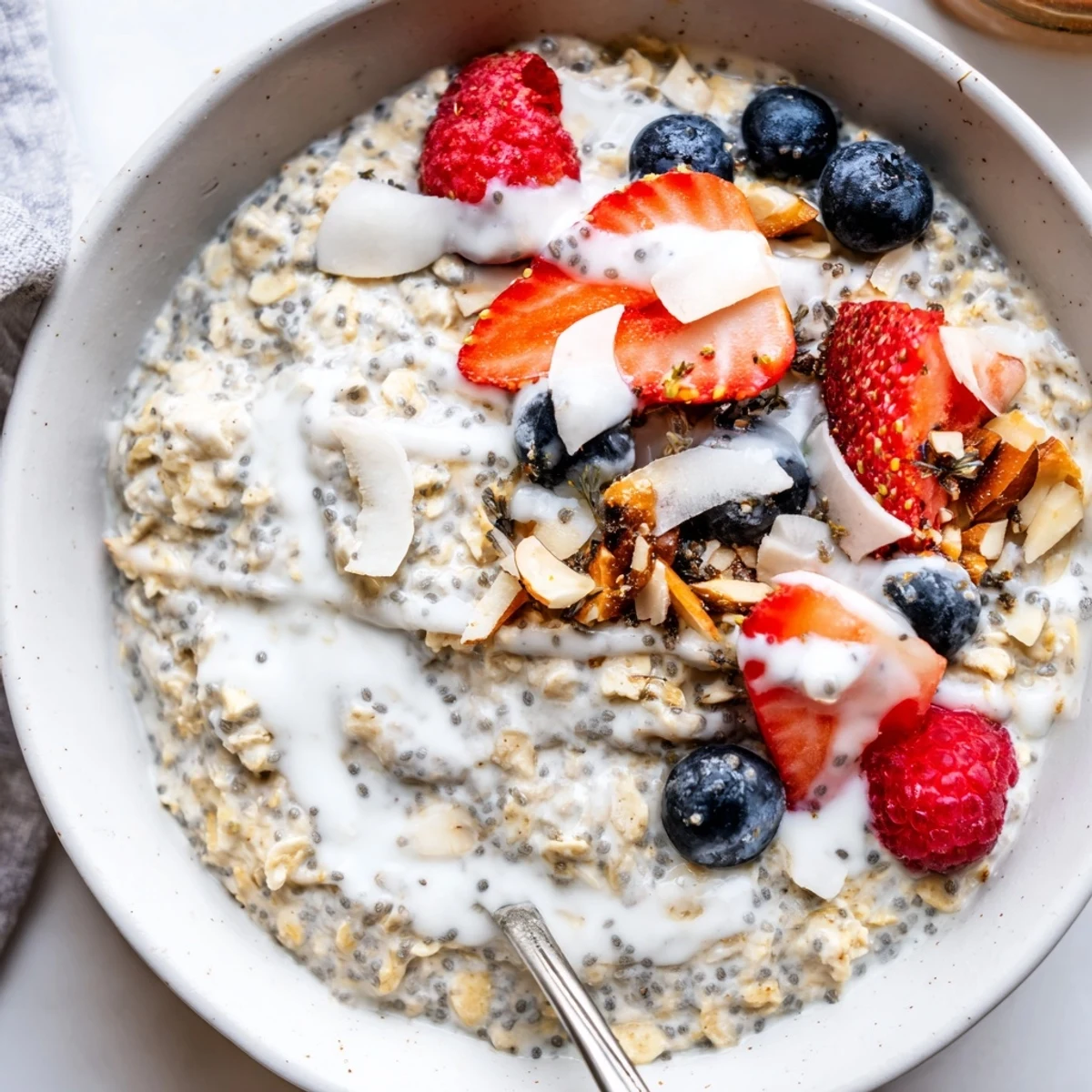 vanilla scented silky Healthy Coconut Cream Overnight Oats spooned into bowls topped with almonds
