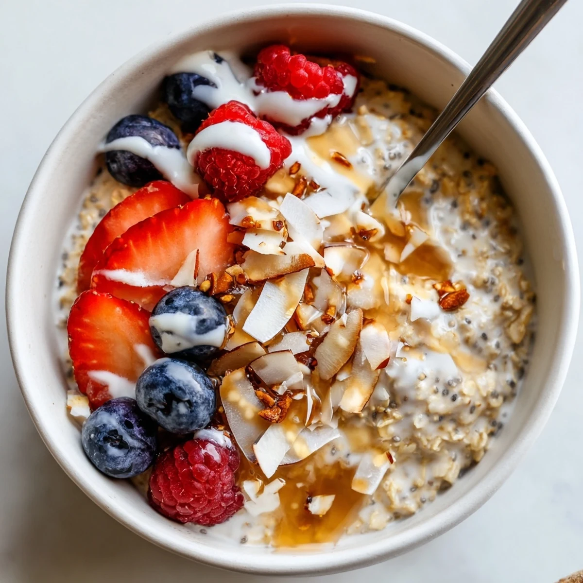 Creamy Healthy Coconut Cream Overnight Oats chilled in jars, drizzled with extra coconut