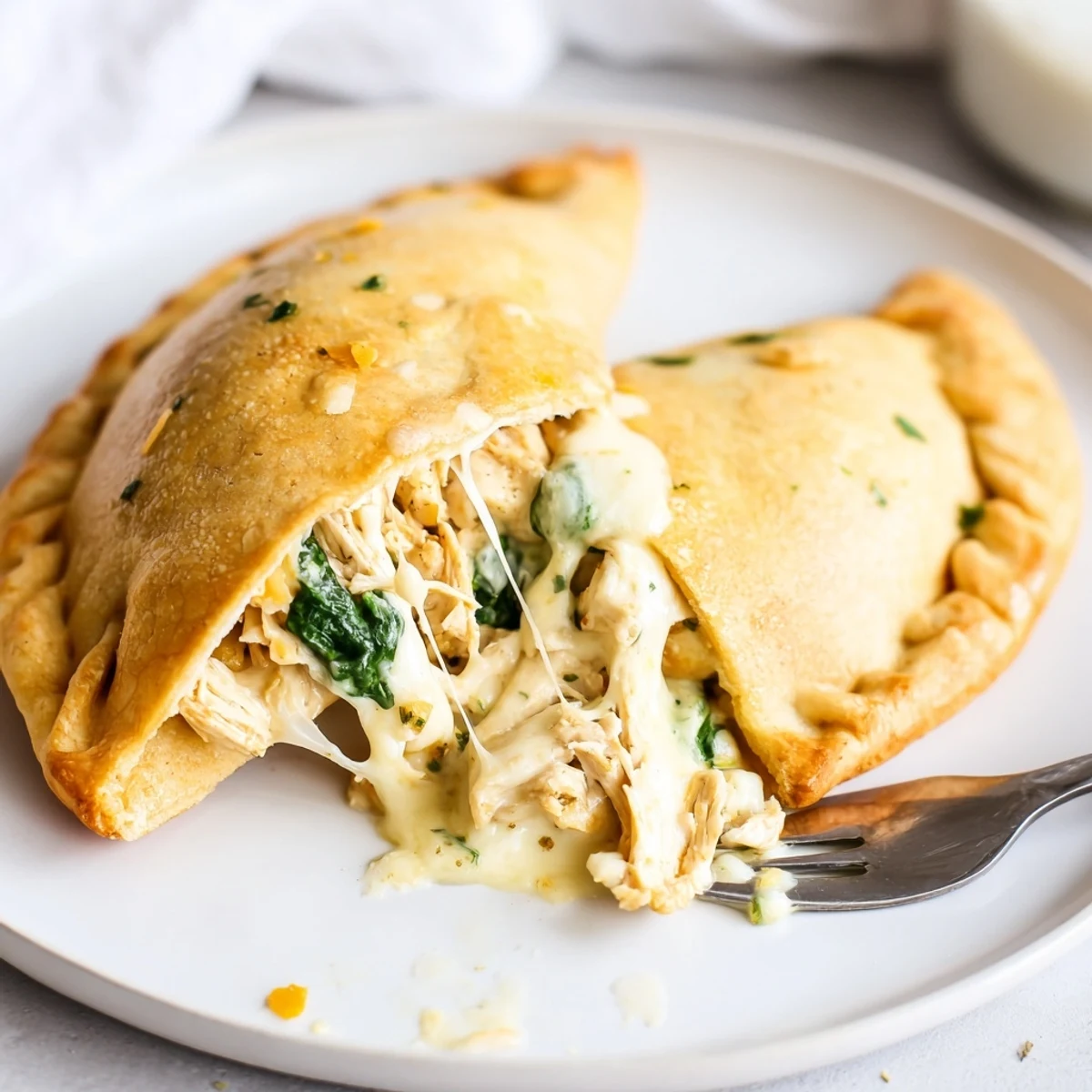 Warm Crispy Cheesy Chicken Alfredo Air Fryer Calzones halves steaming, served with marinara