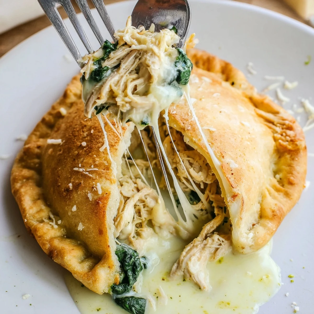 Crispy Cheesy Chicken Alfredo Air Fryer Calzones sliced to reveal tender chicken, garlicky cream