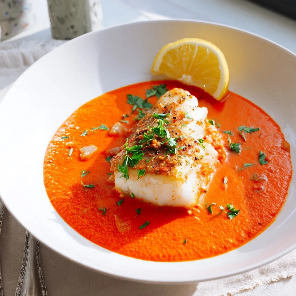 Cod In Roasted Red Pepper Sauce served with lemon wedges and parsley
