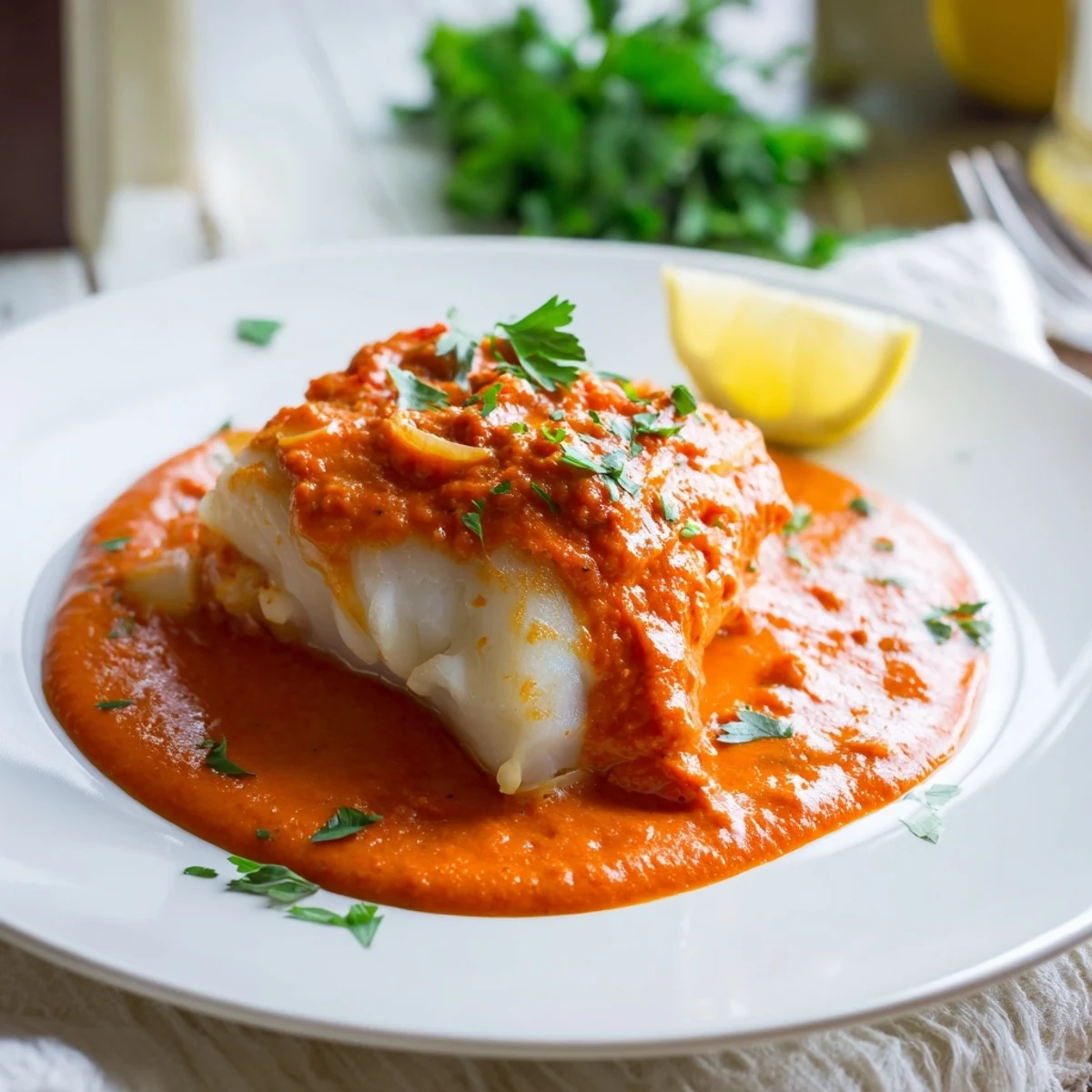 Cod In Roasted Red Pepper Sauce spooned over rice with bright lemon