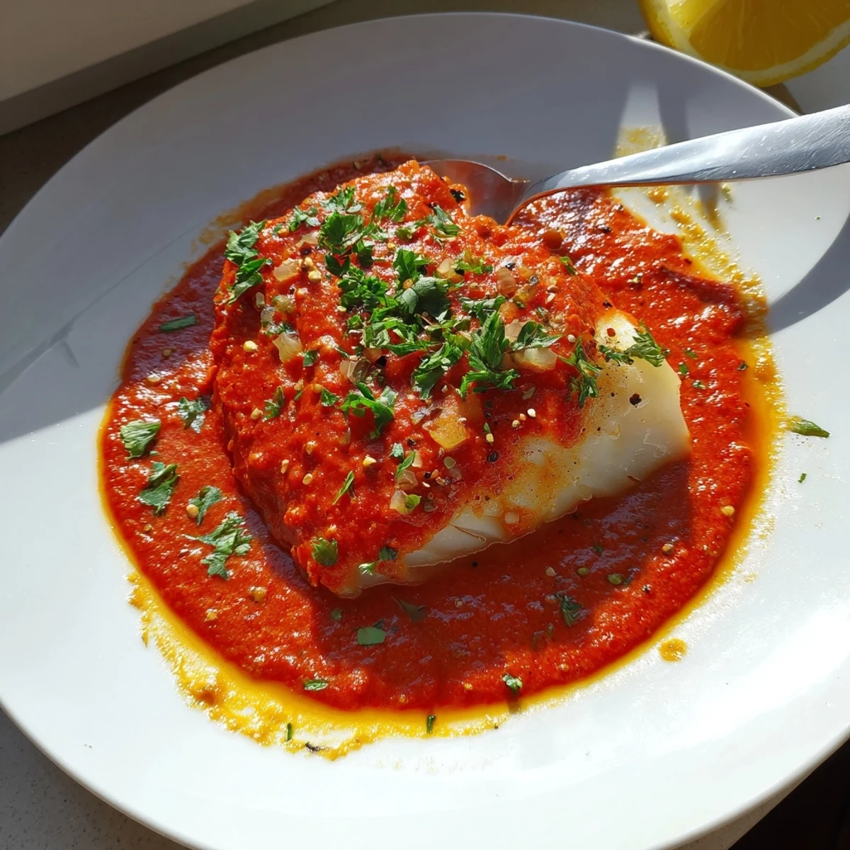 Pan-poached Cod In Roasted Red Pepper Sauce, velvety smoky sauce over fish