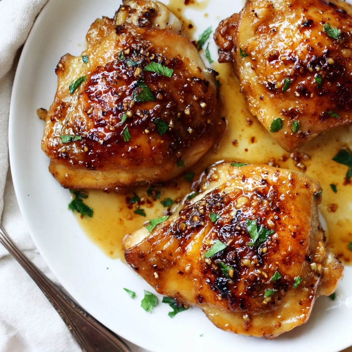Maple Glazed Chicken Thighs sizzling with sticky amber glaze, served over mashed potatoes.