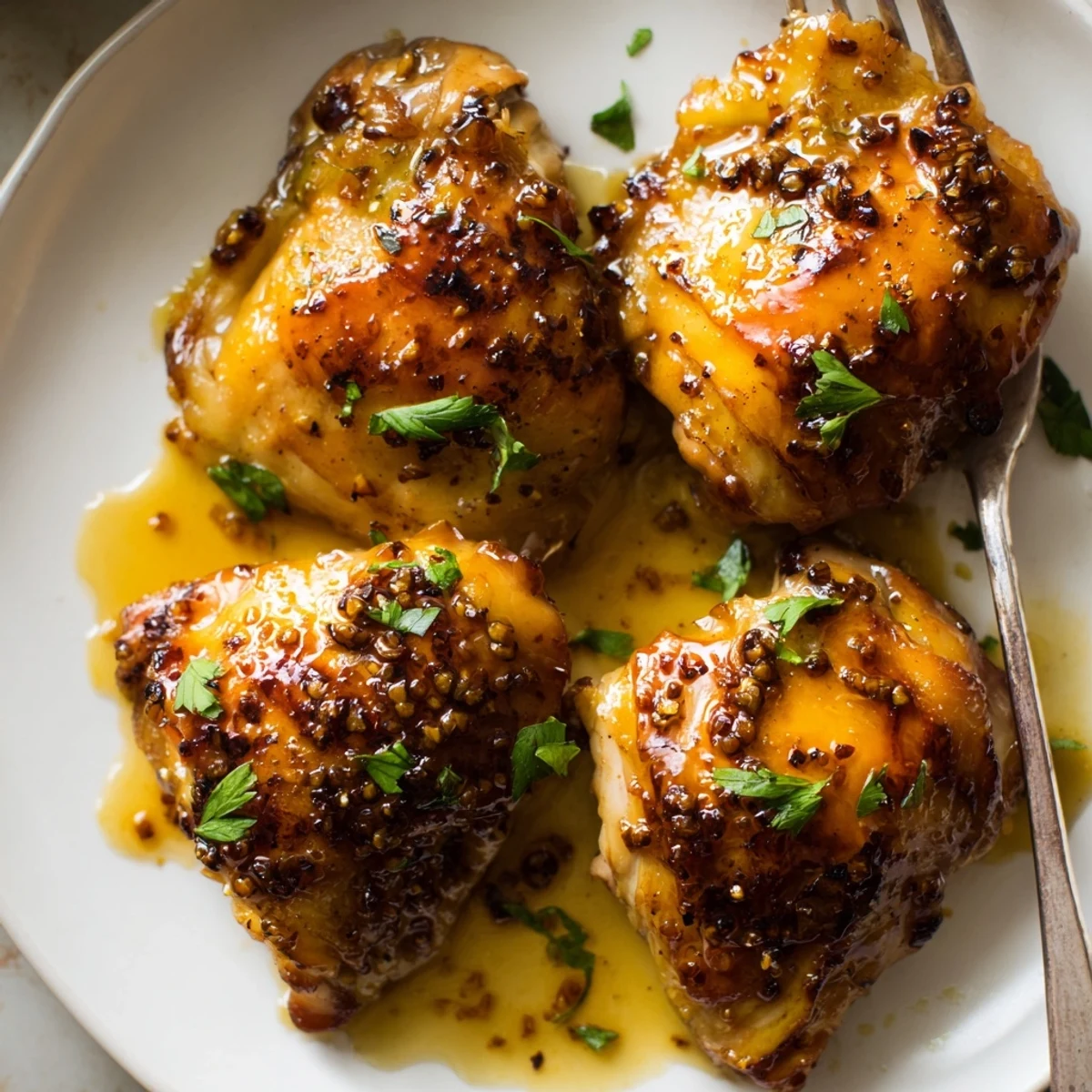 Roasted Maple Glazed Chicken Thighs with crispy skin and parsley garnish.