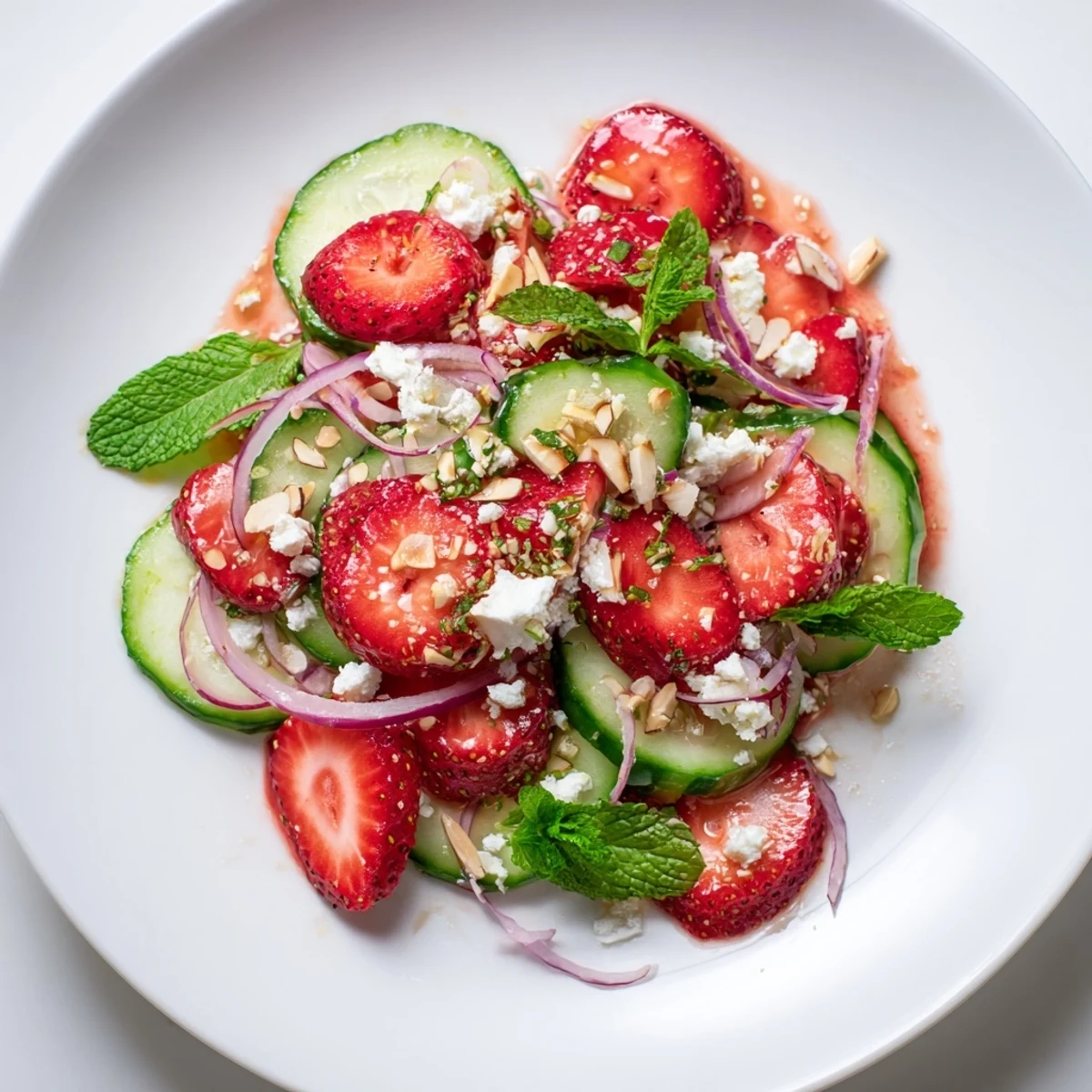 Cucumber Strawberry Salad with torn mint and honey-balsamic glaze, crisp and refreshing.