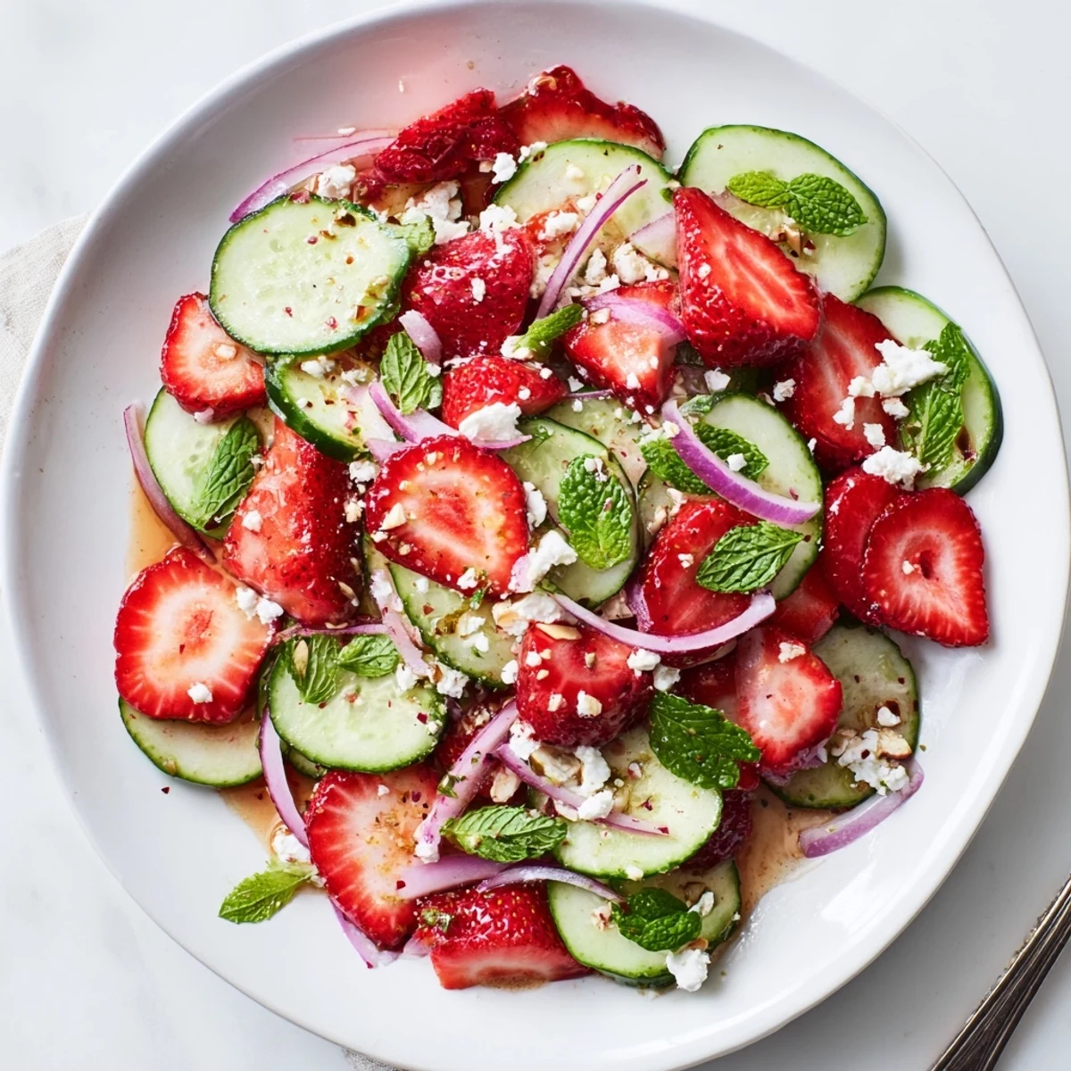 Summer Cucumber Strawberry Salad served in bowl, mint fragrance and tangy dressing.