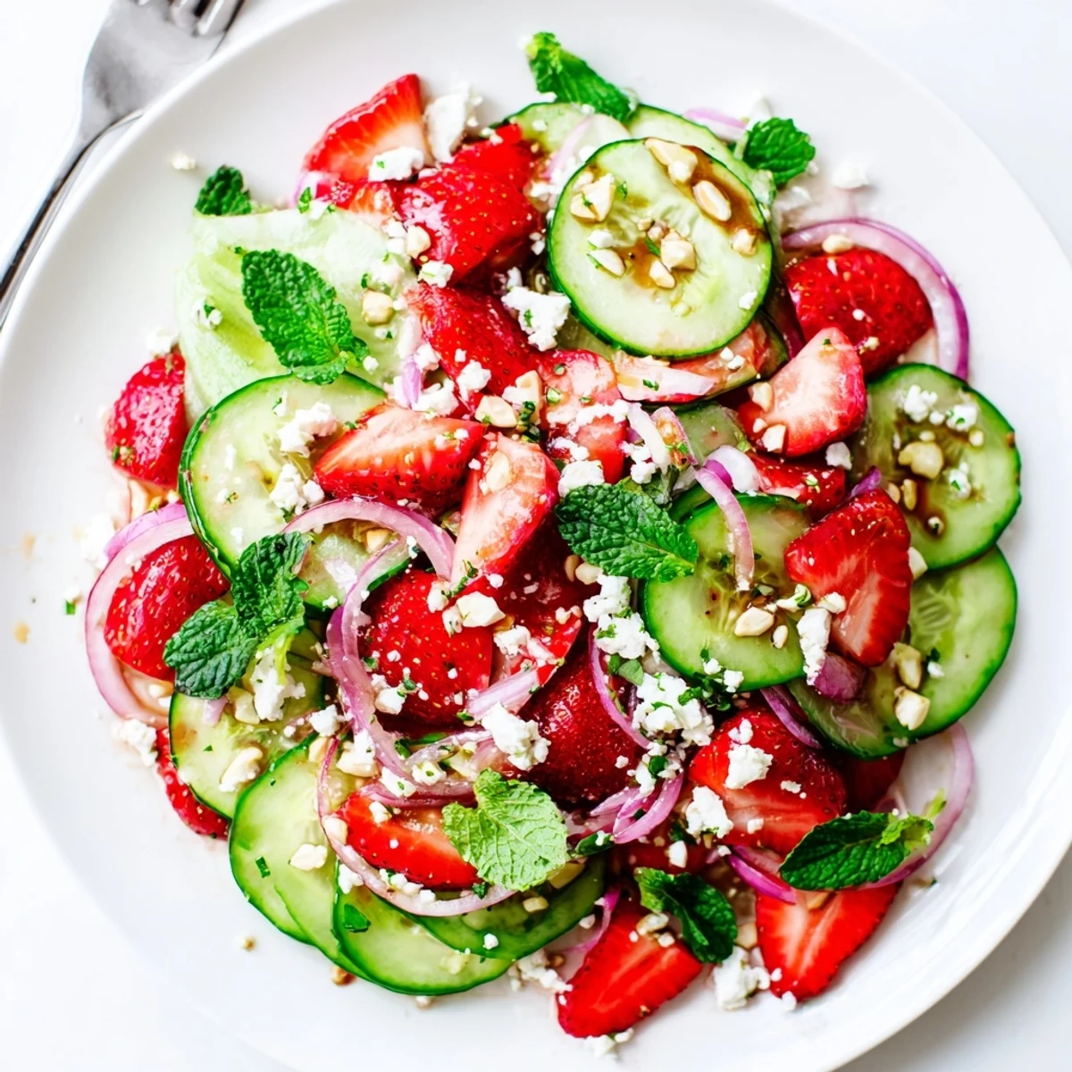 Bright Cucumber Strawberry Salad tossed with toasted almonds, ideal with grilled chicken.