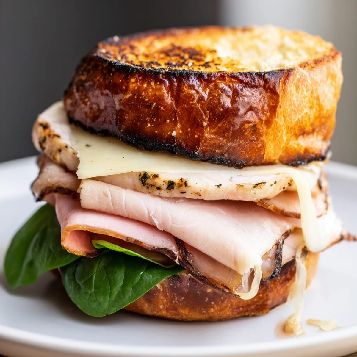 Grilled Chicken Cordon Bleu Sandwich with melty Swiss, smoky grill marks, buttery toasted bun
