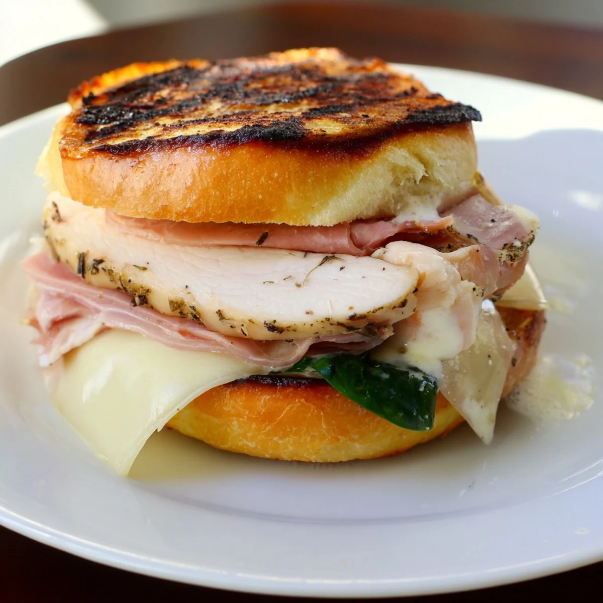 Juicy Grilled Chicken Cordon Bleu Sandwich served hot with Dijon sauce and crisp lettuce