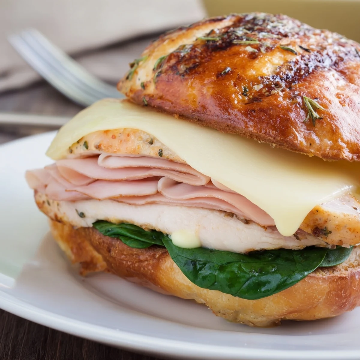 Tangy Dijon on Grilled Chicken Cordon Bleu Sandwich, stacked warm, paired with fries