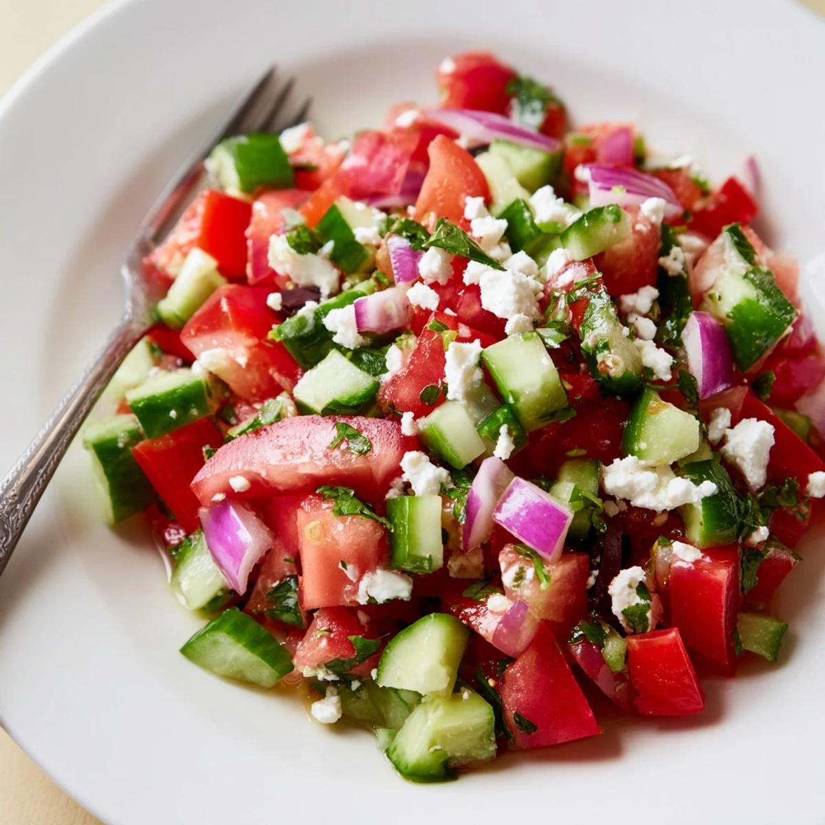 Turkish Shepherds Salad with diced tomatoes and cucumbers, bright lemony dressing