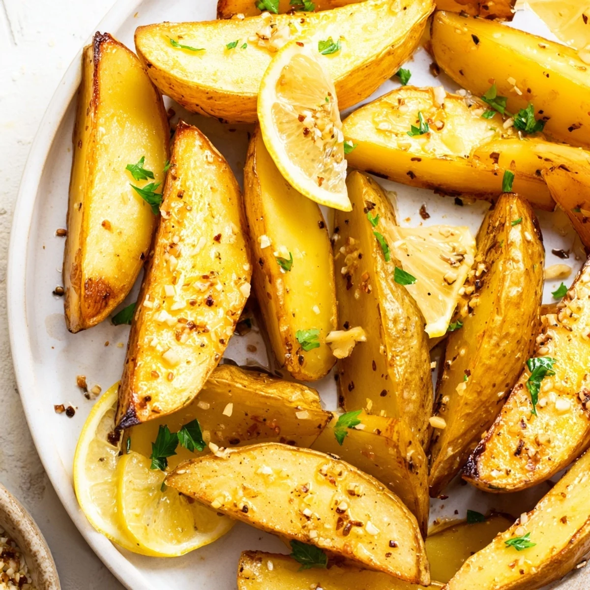 Roasted, golden wedges in pan: Authentic Greek Lemon Potatoes Recipe served hot.