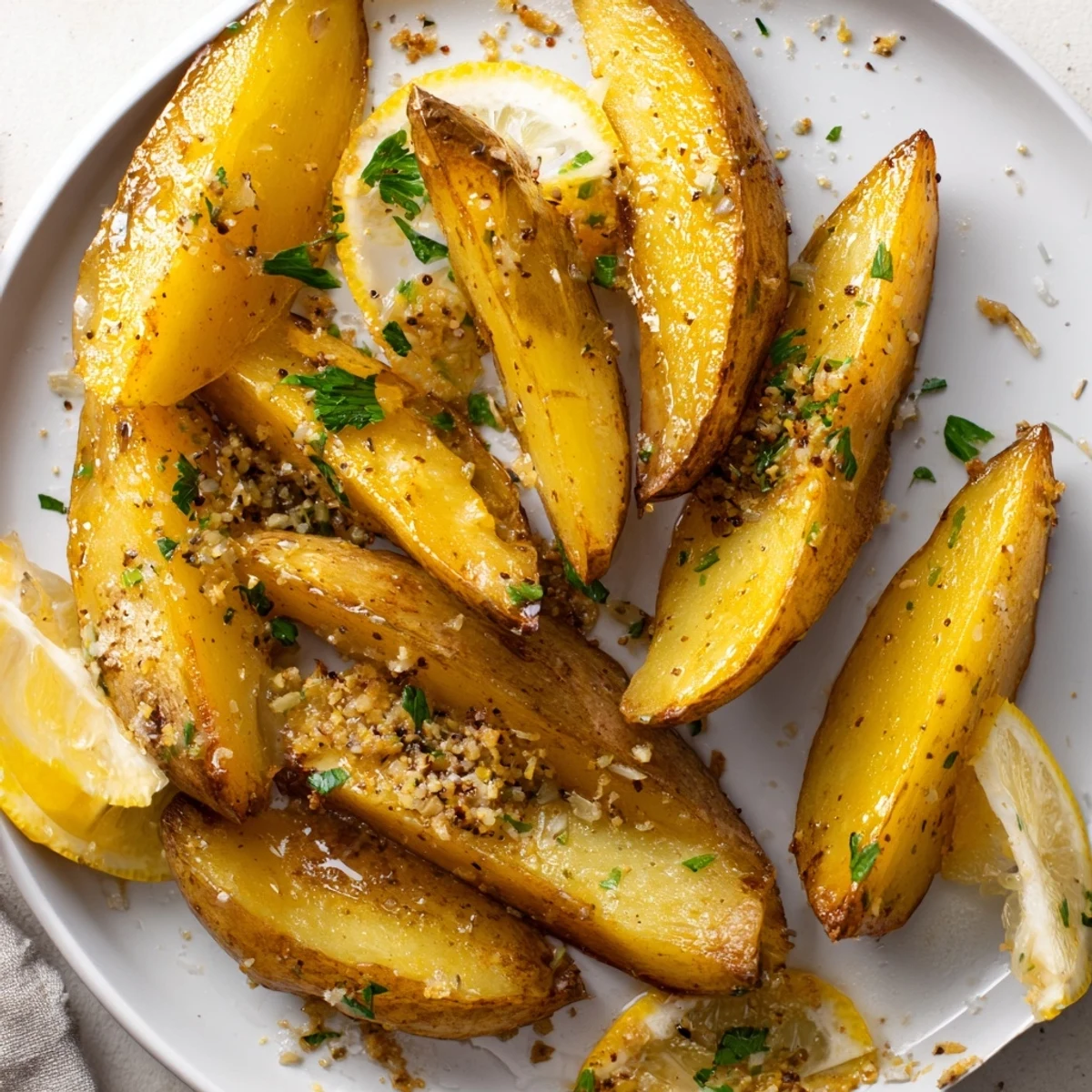 Crispy-edged, tender inside: Authentic Greek Lemon Potatoes Recipe with parsley garnish.