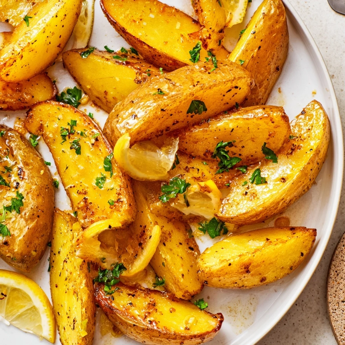 Lemon-scented wedges drizzled with pan juices, Authentic Greek Lemon Potatoes Recipe.