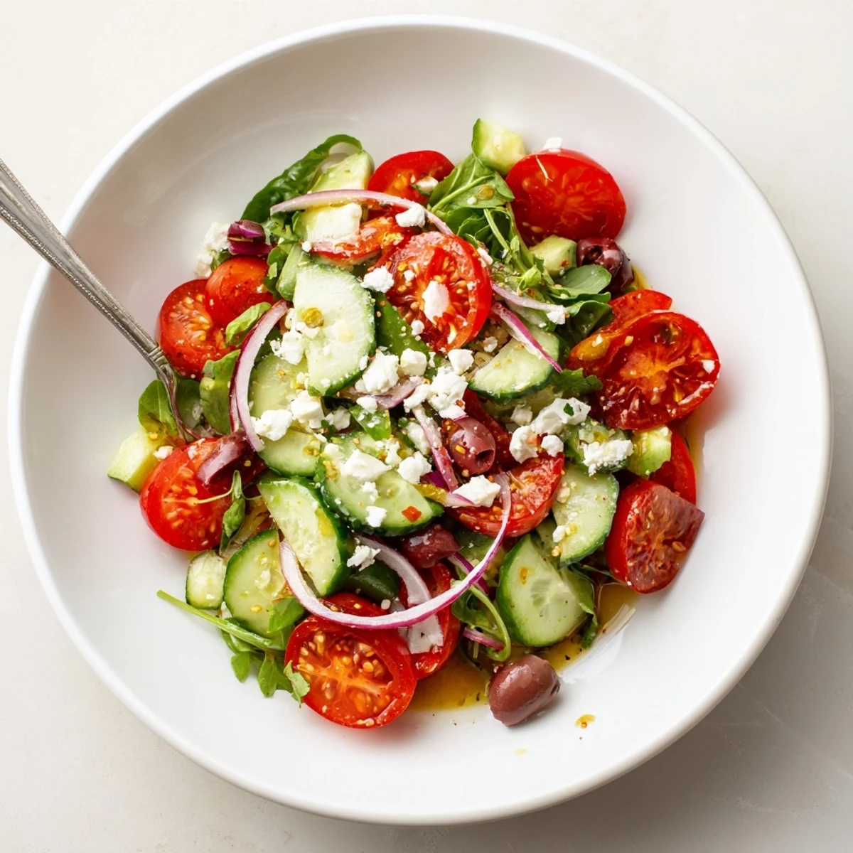 Fresh Salad Recipe with crunchy cucumber, sweet cherry tomatoes, bright lemon dressing.