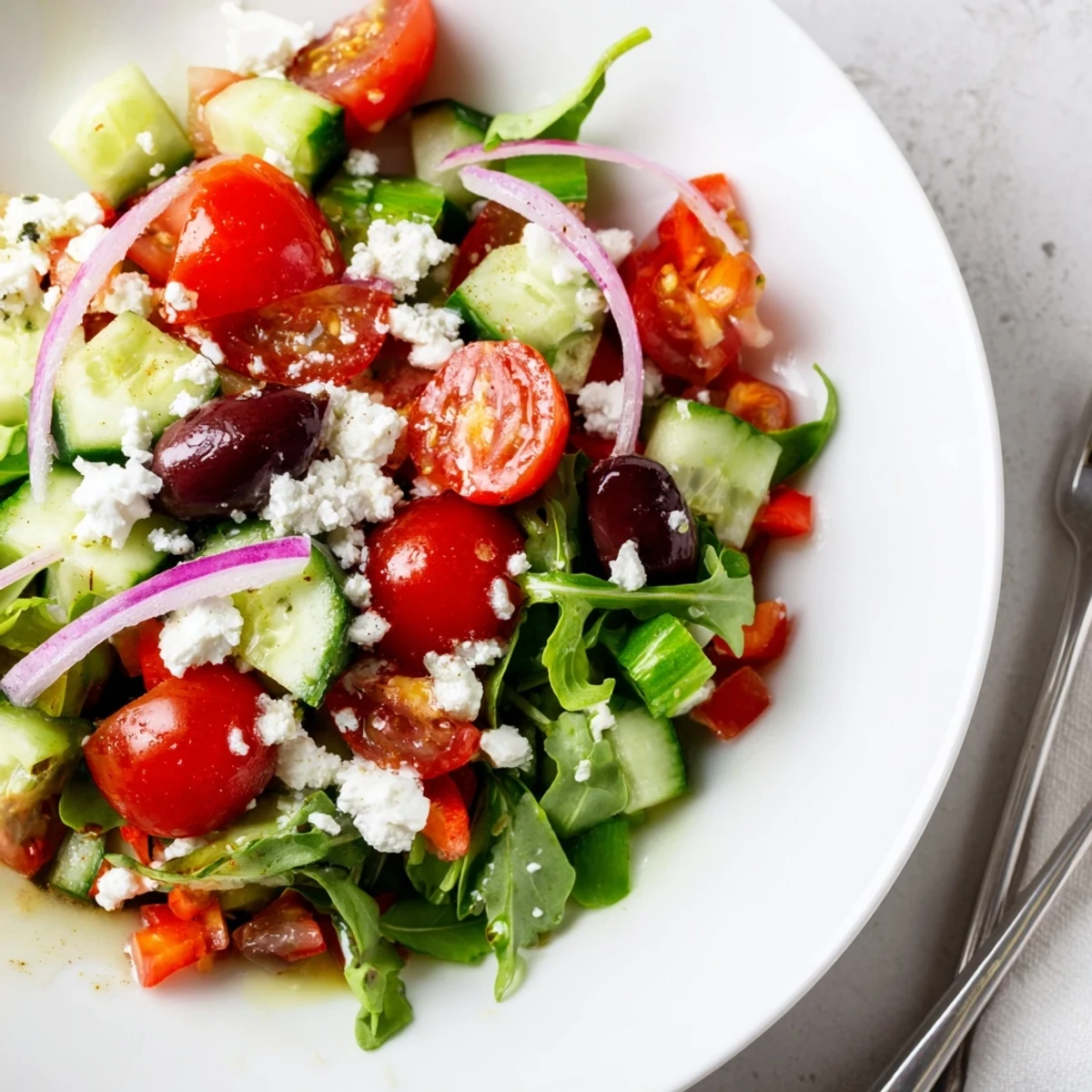 Colorful Fresh Salad Recipe featuring arugula, feta crumbles, tangy Dijon honey vinaigrette.